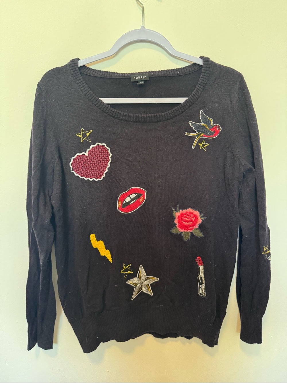 Torrid Black Tattoo Patch Sweater - Heart, Rose & Lip Motifs